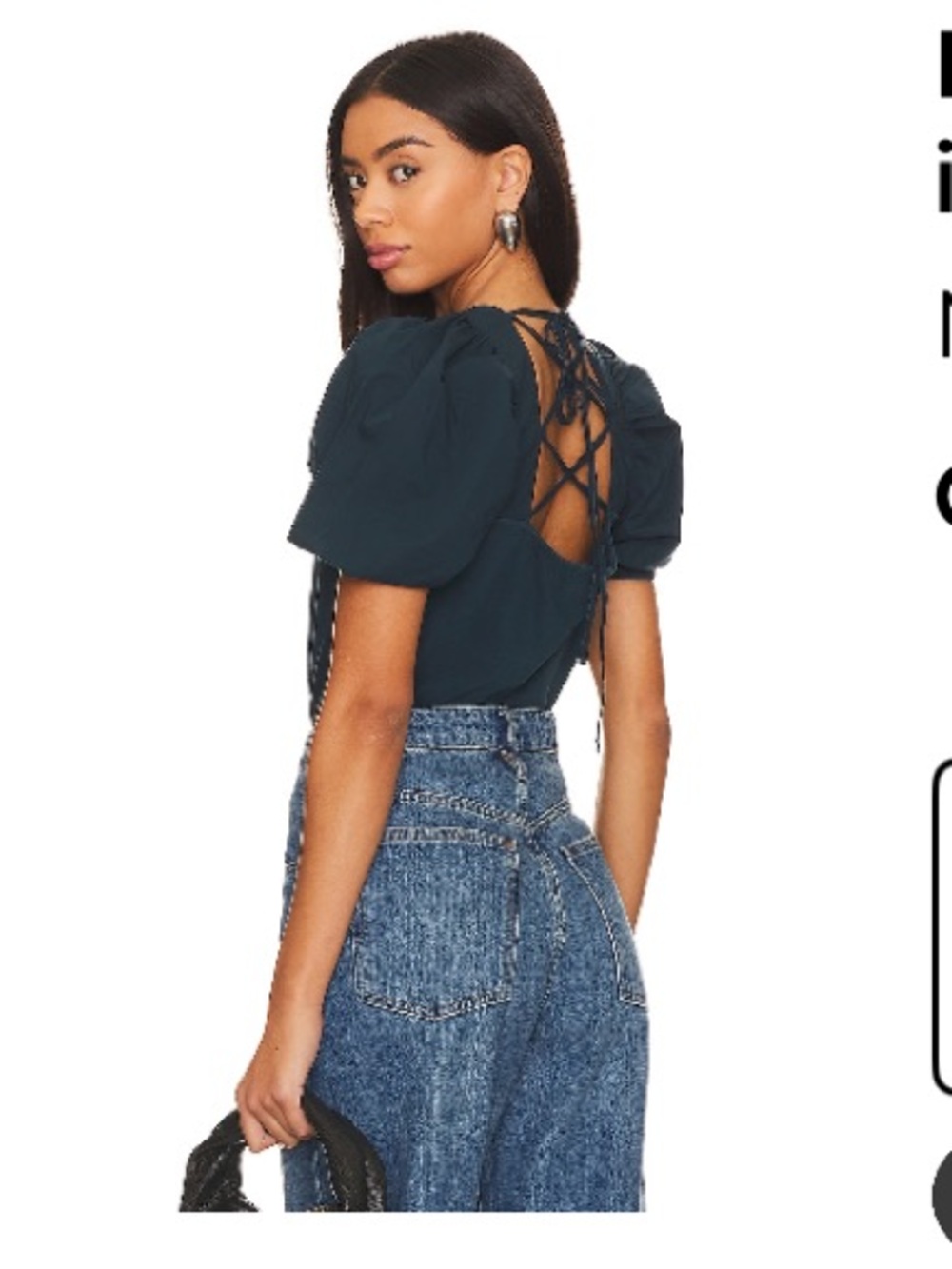 Nation LTD Dark Teal Lace-Up Back Puff Sleeve Top